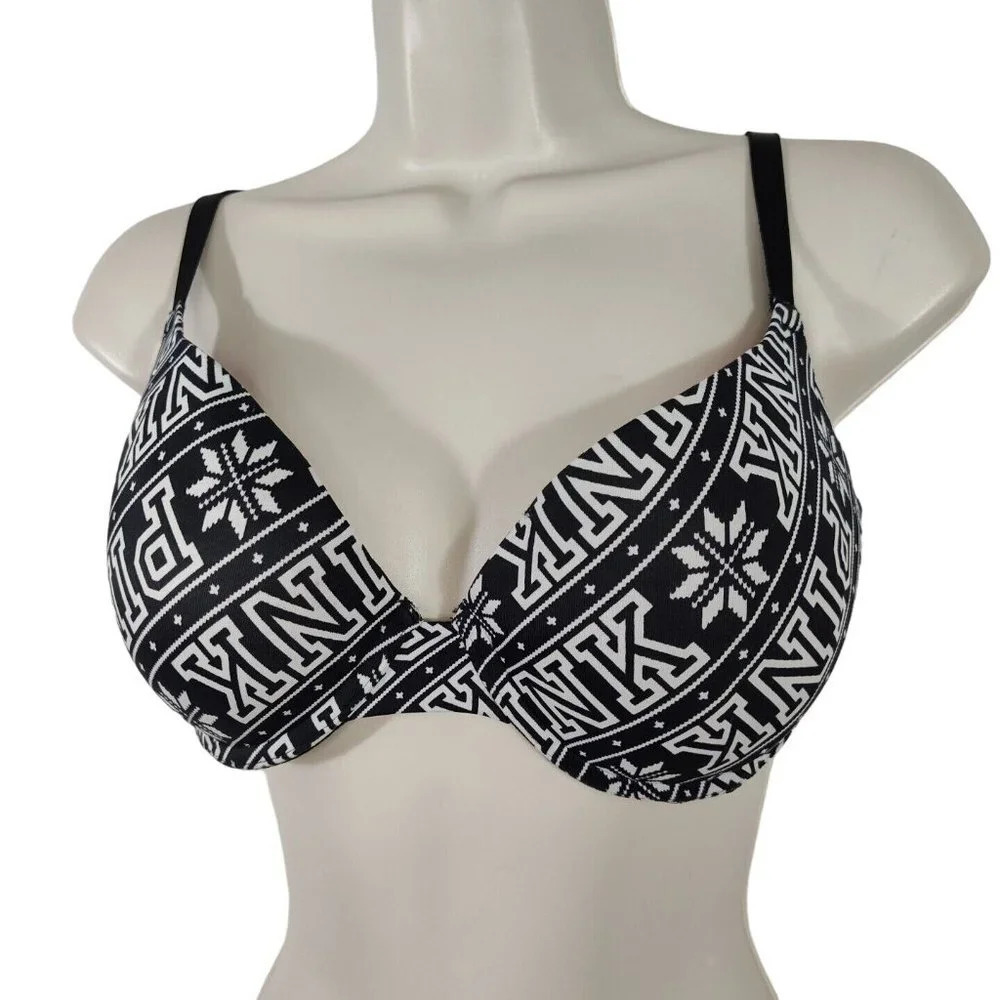 Victorias Secret PINK Black White Wear Everywhere Push Up Bra Women Size 32DD